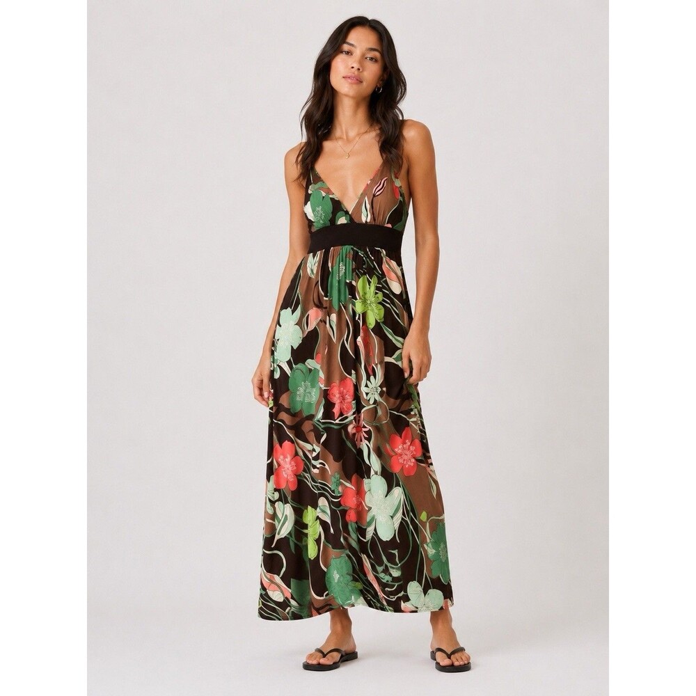 Flowy Boho Floral Maxi Dress Brown Green Coral Empire Waist Sundress Small